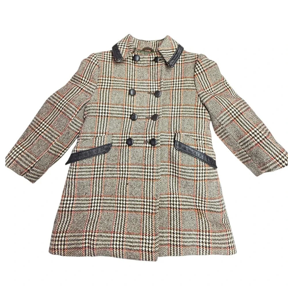 Solitaire‎ Kids Jacket 50's Plaid Double Breasted Wool Blend Leather Trim 5-6